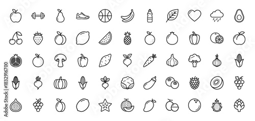 Fruit and vegetable line icon set. Vector pictograms of apple, banana, avocado, strawberry, broccoli, carrot, corn, pumpkin, dumbbell and heart, thin linear illustration.