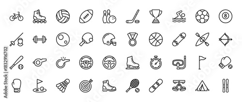 Sport and fitness line icon set. Vector pictograms of dumbbell, tennis, football, boxing, and cycling, thin linear illustration.