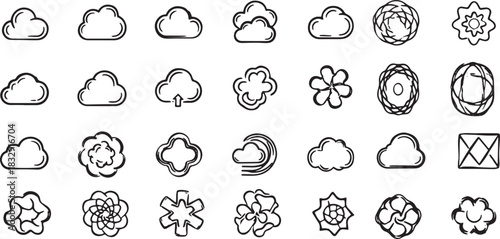 Collection of Hand Drawn Style Cloud and Flower Icons for Decorative Purposes and Creative Designs Variety of Shapes