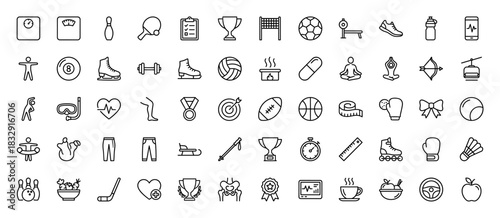 Sport and fitness line icon set. Vector pictograms of ball, racket, trophy, boxing glove, and skates, thin linear illustration.