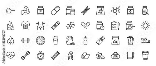 Fitness and nutrition line icon set. Vector pictograms of supplements, weights, sportswear, and healthy food, thin linear illustration.