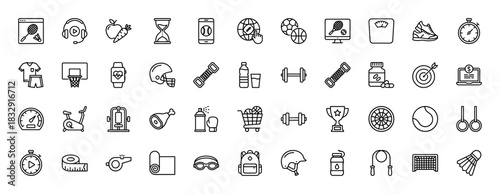 Sports and fitness line icon set. Vector pictograms of soccer ball, dumbbell, sneakers, stopwatch, badminton, baseball, yoga mat and trophy, thin linear illustration.