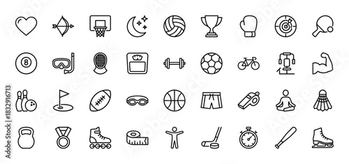Sport and fitness line icon set. Vector pictograms of trophy, volleyball, boxing, basketball, gym, golf, yoga, soccer, hockey and swimming, thin linear illustration.