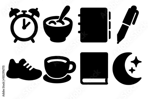 Bold Daily Icons. Daily Routine Set silhouette icon set: alarm clock, breakfast bowl, planner, pen, shoe, cup, book, moon