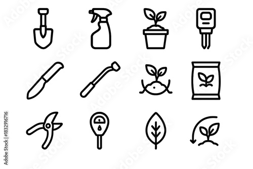Gardening Tools Icons. Horticultural Practices Pack linear icon set: planting spade, spray bottle, seedling pot, soil tester, grafting knife, watering wand, plant cradle, nutrient