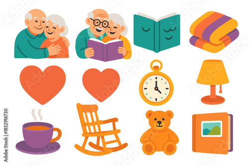 Cherished Family Icons. Cherished Moments flat icon set: grandparent hug, laughter, storytime book, cozy blanket, heart, old watch, warm lamp, tea cup, rocking chair, toy bear