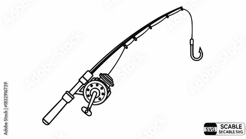 Simple black and white line art of a fishing rod with reel and hook.