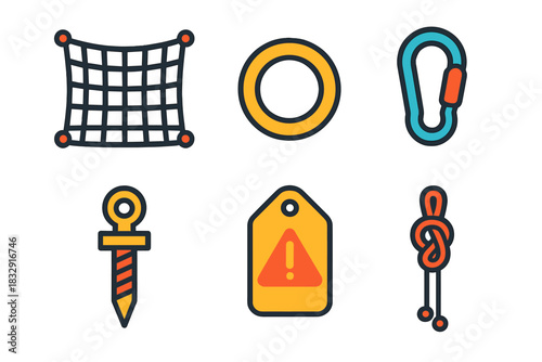 Safety Equipment Icons. Safety Net Essentials flat icon set: mesh net, support ring, carabiner clip, anchor bolt, warning tag, stabilizing rope