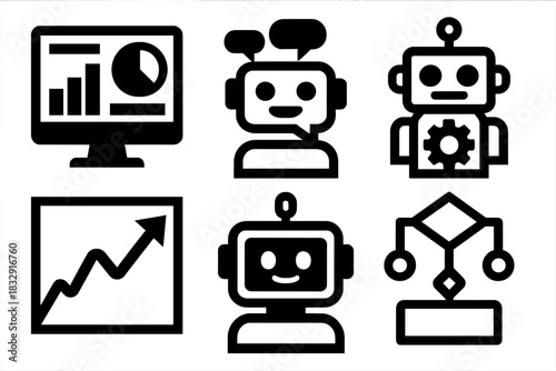 AI Business Icon Set. AI in Business silhouette icon set. data analytics dashboard, chatbot icon, automation bot, predictive graph, digital assistant, decision algorithm.