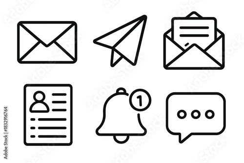 Email Icon Set. Email Campaigns linear icon set: envelope, send icon, open mail, subscriber list, notification bell, message bubble