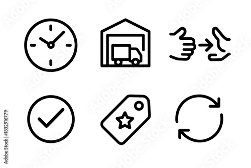 Supply Chain Icons. Supply Chain Coordination Actions linear icon set: scheduling clock, loading dock symbol, handoff arrow, confirmation check, priority tag, update icon