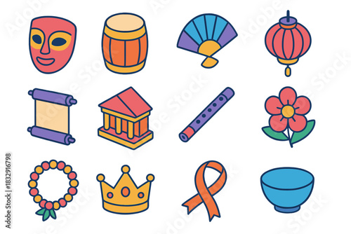 Vibrant Cultural Icons. Cultural Symbols flat icons set. mask, drum, fan, lantern, scroll, temple, flute, flower, garland, crown, ribbon, bowl.