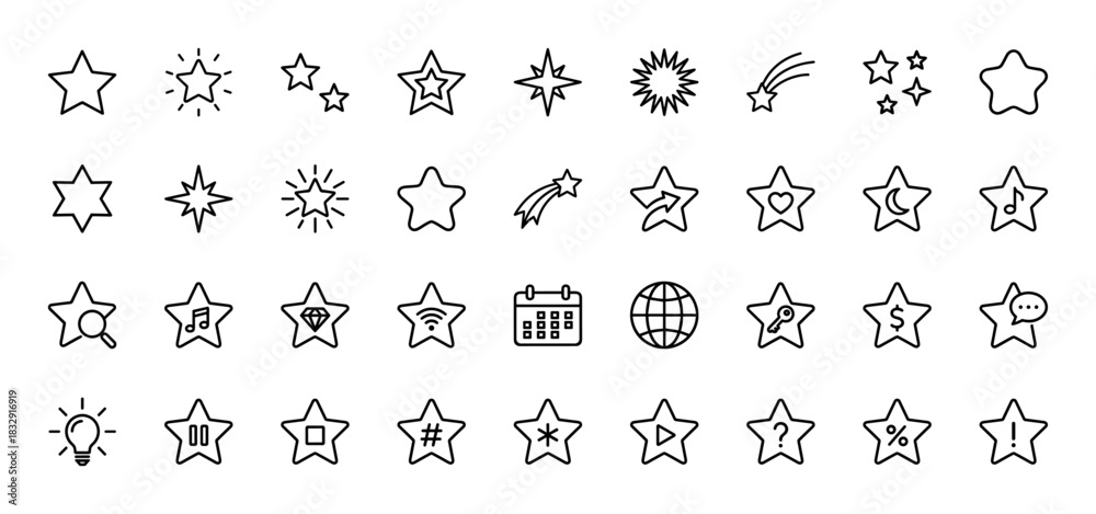 Fototapeta premium Achievement and rating outline icon set. Vector pictograms of stars with various decorations, calendar, bulb, globe, and musical notes, thin linear illustration.