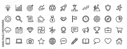 Business management line icon set. Vector pictograms of rocket, target, money, handshake, chart, gear, trophy, laptop, briefcase, megaphone, thin linear illustration.