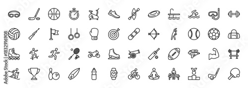 Sports and physical activity outline icon set. Vector pictograms of hockey, basketball, golf, swimming, and boxing, thin linear illustration.