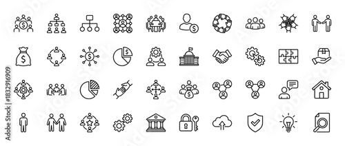 Business and partnership line icon set. Vector pictograms of teamwork, handshake, finance, meeting, organization, gear, bank and office, thin linear illustration.