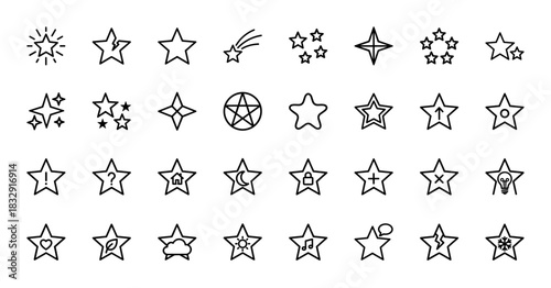 Cosmic and rating line icon set. vector pictograms of stars showing success, failure, ideas, and favorites, thin linear illustration.