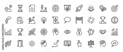 Business and strategy line icon set. Vector pictograms of handshake, brain, chart, rocket, target, and trophy, thin linear illustration.