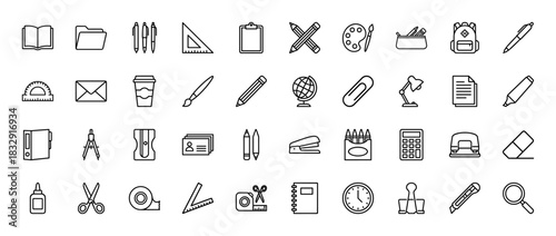 Education and school supplies line icon set. Vector pictograms of pencils, books, rulers, scissors, and calculator, thin linear illustration.