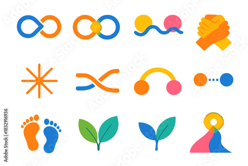 Unified Connection Icons. Unified Connection flat icon set: intertwined lines, shared glow, linked circles, harmony wave, mutual support hands, warm spark, shared path, gentle arc