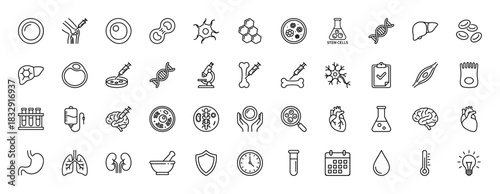 Medical and biology line icon set. Vector pictograms of cells, organs, dna, syringe, microscope, and research tools, thin linear illustration.