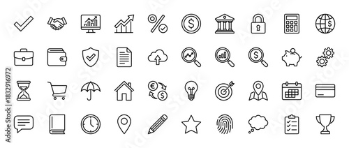 Business and finance line icon set. Vector pictograms of bank, coin, graph, handshake, briefcase, wallet, calculator, gear, and target, thin linear illustration.