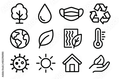 Eco Health Symbols. Environmental Health linear icon set: tree, water droplet, mask, recycling symbol, globe, leaf, air filter, thermometer, bacteria, sun, house, protective hand