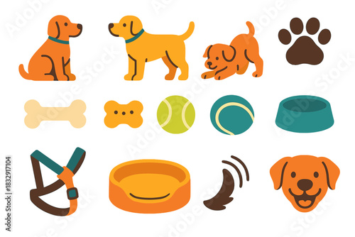 Modern Canine Icons. Canine Companions Collection flat icon set: sitting dog, standing dog, playful pup, paw mark, chew bone, treat biscuit, tennis ball, water bowl, harness strap