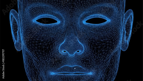 Digital face representation with glowing blue lines on black background.
