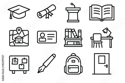 University Essentials Collection. University Essentials Set linear icon set: academic cap, diploma scroll, lecture podium, open textbook, campus map, student ID card, library shelf