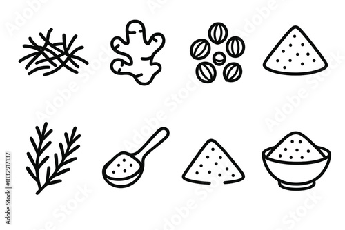 Outline Spice Icons. Global Spice Collection linear icon set: saffron threads, ginger root, black peppercorns, coriander seeds, curry powder, dried herbs, paprika spoon, spice bowl
