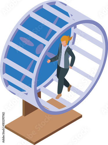 Businesswoman running inside a hamster wheel, working under pressure, trying to meet deadlines and experiencing daily work routine