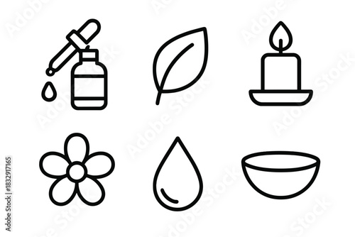 Aromatherapy Icons Set. Aromatherapy Basics linear icon set. dropper bottle, leaf, flower, candle, droplet, bowl