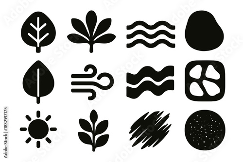 Bold Nature Icons. Nature-Driven Design Set silhouette icon set: tree outline, leaf fan, wave arc, stone shape, petal fold, soft breeze line, organic ribbon, natural pattern, warm