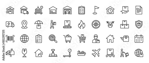 Logistics and delivery line icon set. Vector pictograms of warehouse, shipping, tracking, and transportation, thin linear illustration.