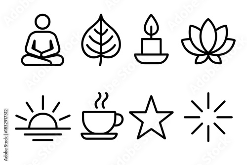 Bodhi Day Icons. Bodhi Day Mindfulness Moment linear icon set. meditation pose, Bodhi leaf, candle flame, lotus flower, sunrise, cup of tea, star, light ray