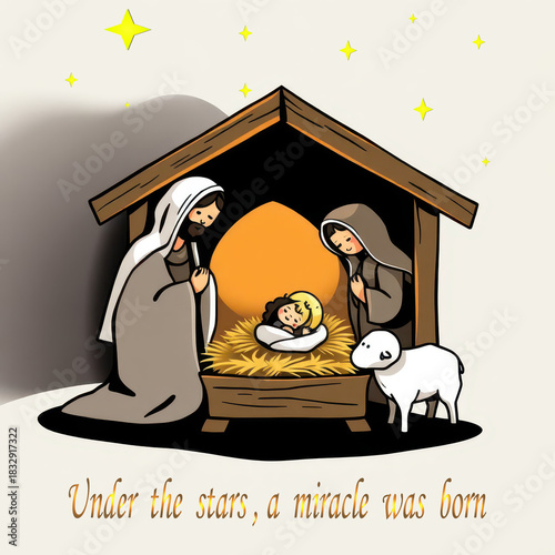 AI-generated nativity scene with added stars and text 