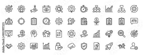 Business strategy line icon set. Vector pictograms of gear, chess, target, chart, rocket, puzzle, handshake, bulb, and calendar, thin linear illustration.