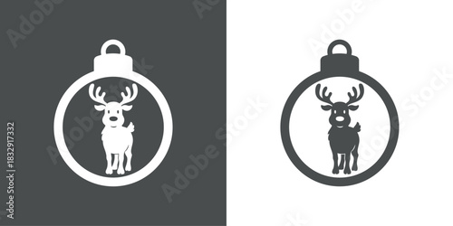 Tiempo de Navidad. Logo con silueta de bola de navidad con reno Rudolph para su uso en invitaciones y felicitaciones