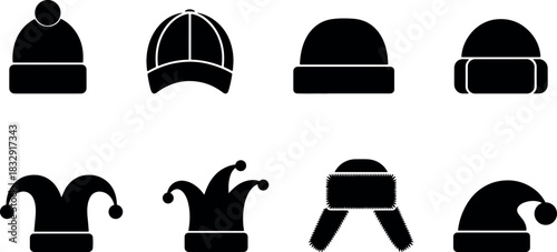 winter hat and beanie silhouette icon set featuring various warm headwear shapes including caps, knitted hats and seasonal accessories for cold weather designs