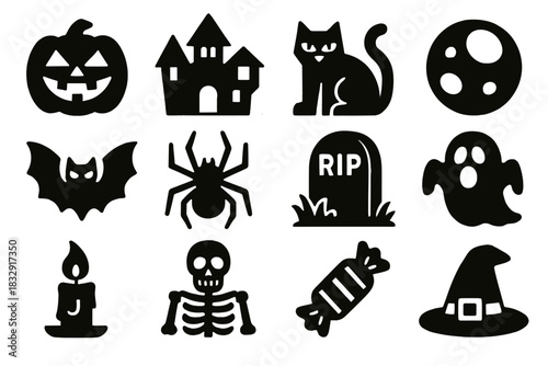 Brutalist Halloween Icons. Spooky Halloween night silhouette icon set. jack-o’-lantern, haunted house, black cat, full moon, bat, spider, tombstone, ghost, candle, skeleton, candy