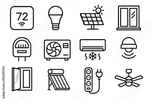 Energy Efficiency Icons. Energy Efficiency Solutions linear icon set: smart thermostat, LED bulb, solar panel, insulated window, energy meter, heat pump, efficient HVAC unit