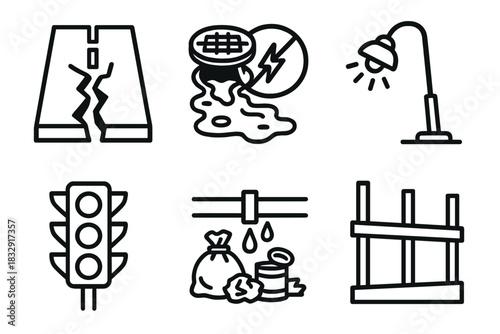 Urban Infrastructure Crisis. Public service failure concept linear icon set: road crack, sewer overflow, power cut symbol, broken light post, traffic signal outage, water leak