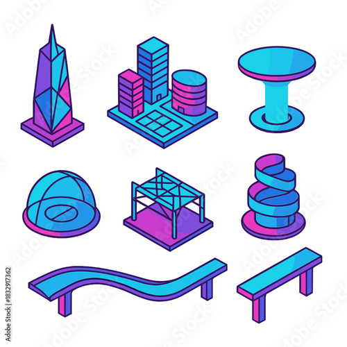 Futuristic Icon Set. Futuristic Architecture flat icon set: geometric tower, smart city, hovering platform, light beam, transparent dome, energy grid, spiral building, walkway