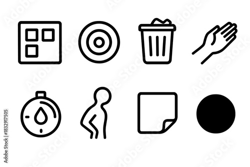 Work Productivity Icons. Effective Work Micro-Steps linear icon set: micro-task tile, breathe-and-reset ring, small declutter bin, wrist stretch cue, hydration timer, gentle