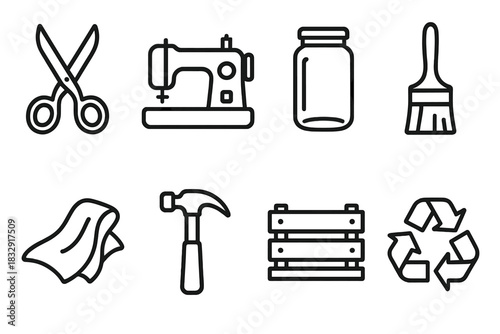 Upcycling Icons Collection. Upcycling linear icon set. scissors, sewing machine, glass jar, paint brush, fabric, hammer, wooden crate, recycling symbol