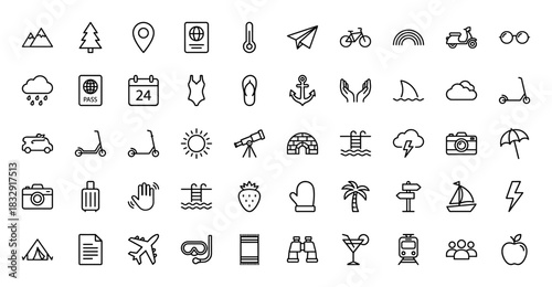 Travel and summer vacation line icon set. Vector pictograms of passport, airplane, suitcase, beach, mountain, camera, sun, transport and nature, thin linear illustration.