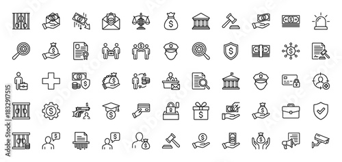 Law and finance line icon set. Vector pictograms of justice, money bag, handcuffs, document, and gavel, thin linear illustration.
