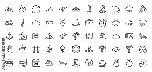 Travel and summer vacation line icon set. Vector pictograms of map, airplane, palm tree, camera, and beach elements, thin linear illustration.