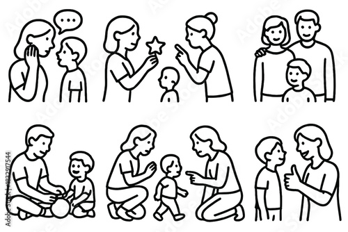 Effective Parenting Icons. Parenting strategies actions linear icon set: active listening, positive reinforcement, setting boundaries, teamwork moment, shared play, calm